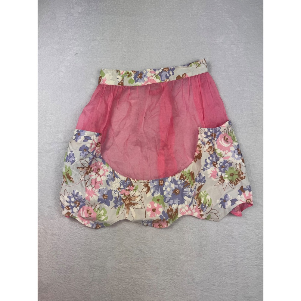 Vintage Pink Sheer Floral Half Apron Scalloped Hem Pockets Cottagecore Retro